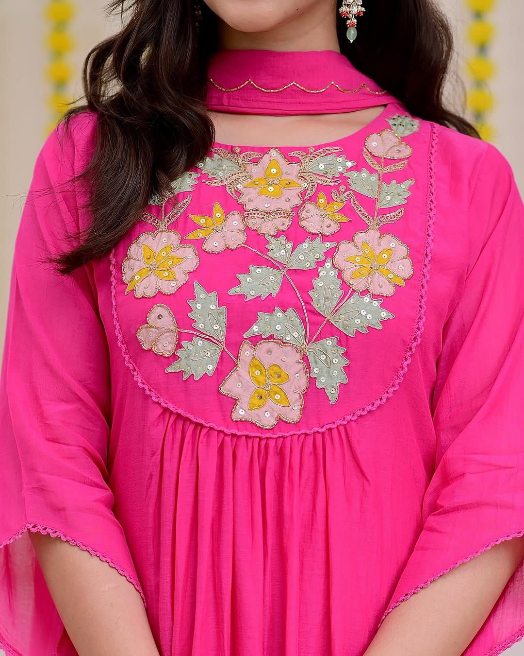 Pink  Embroidery Solid Kurti set