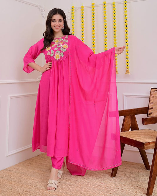 Pink  Embroidery Solid Kurti set