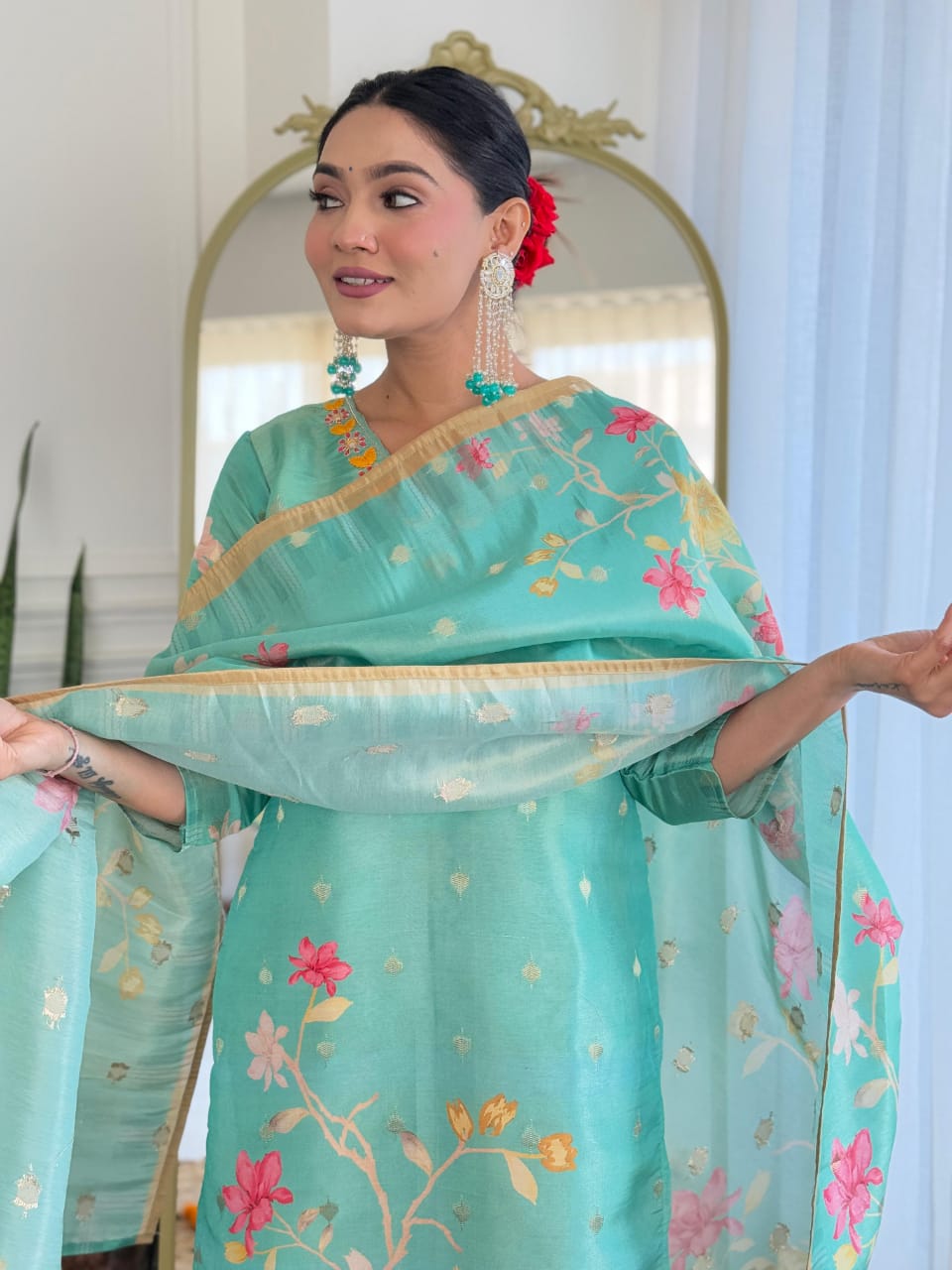 Sky Blue Simmer Jacquard work kurti set