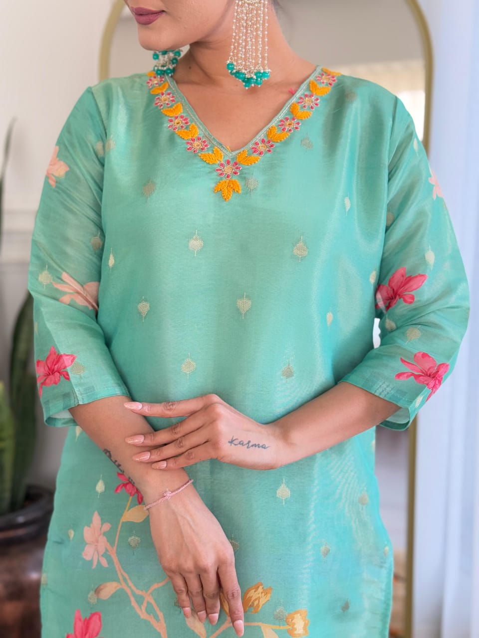 Sky Blue Simmer Jacquard work kurti set