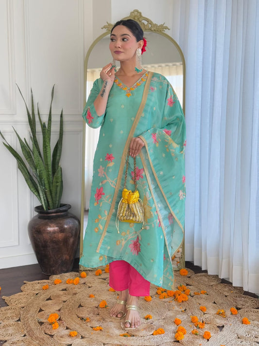 Sky Blue Simmer Jacquard work kurti set