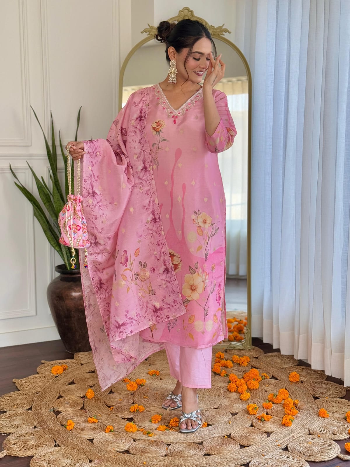Pink Simmer Jacquard work kurti set