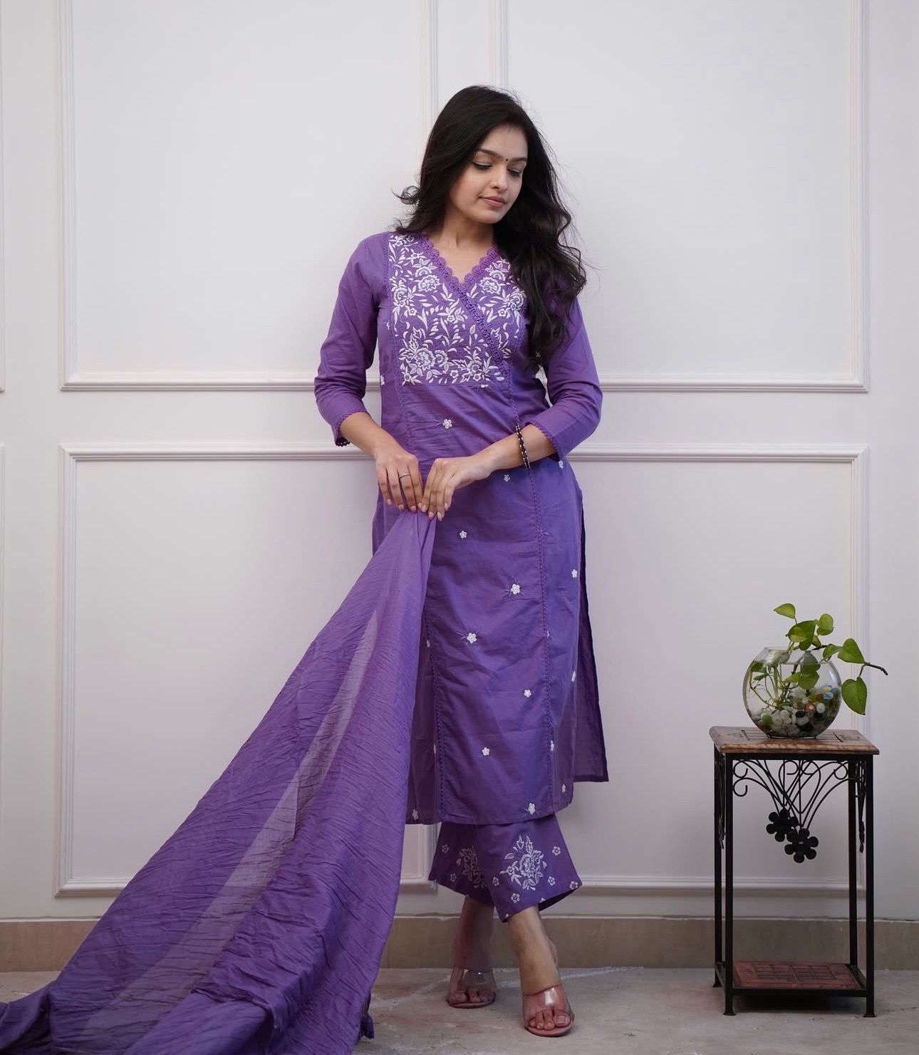 Purple Flower Embroidery Suit Set