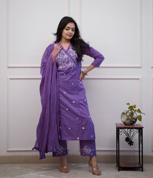 Purple Flower Embroidery Suit Set