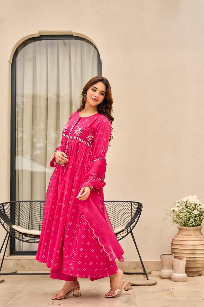 Pink Anarkali Chanderi Kurti Set