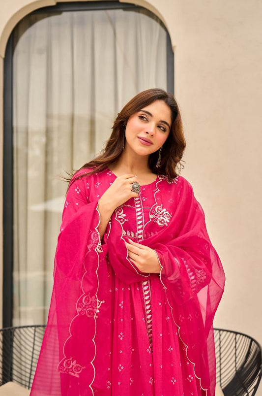 Pink Anarkali Chanderi Kurti Set