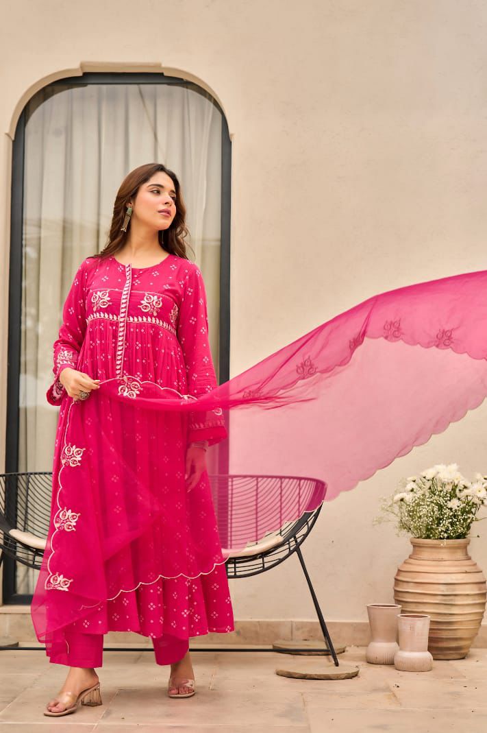 Pink Anarkali Chanderi Kurti Set