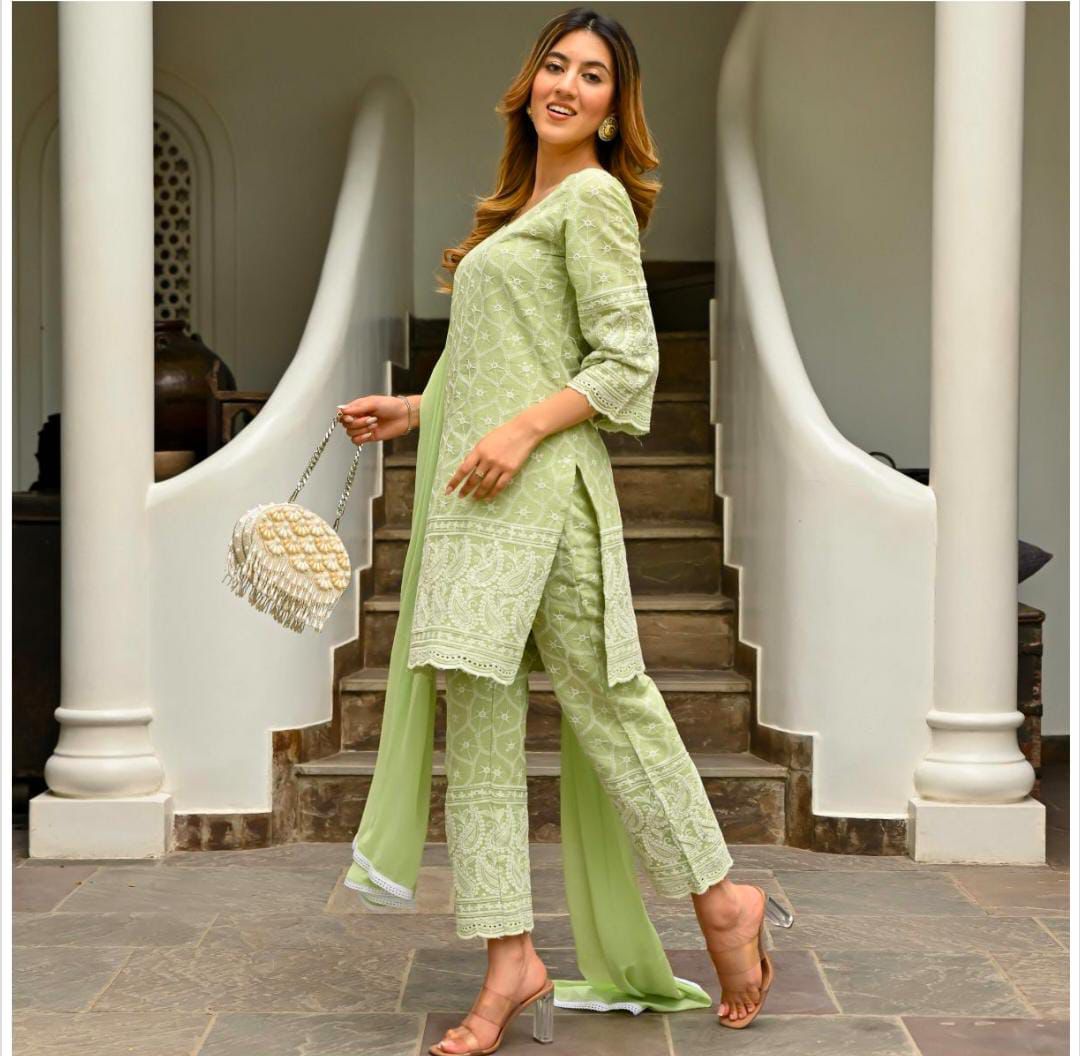 Green Chikenkari Embroidered Kurta set