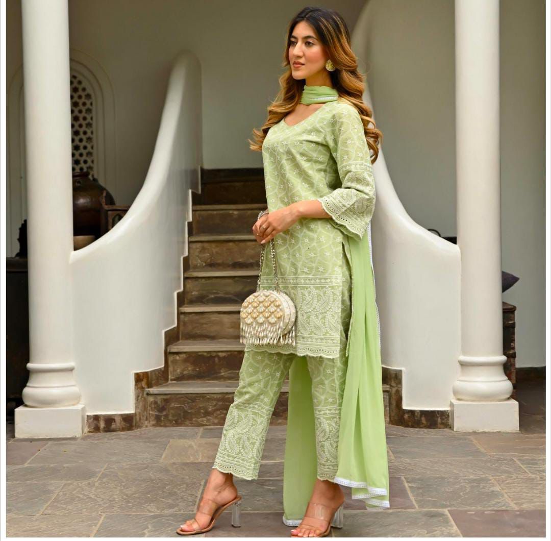 Green Chikenkari Embroidered Kurta set
