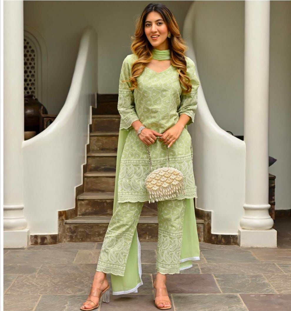 Green Chikenkari Embroidered Kurta set