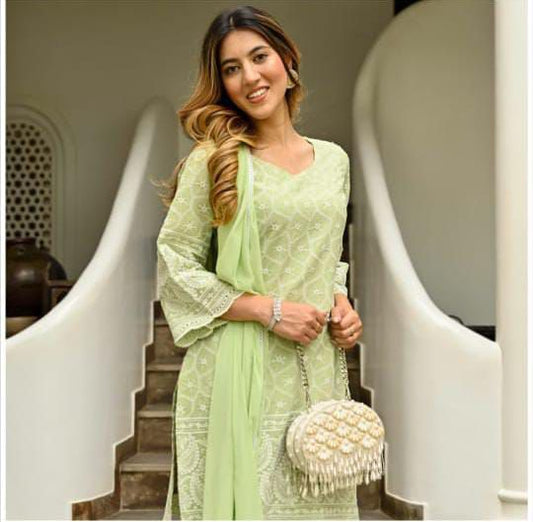 Green Chikenkari Embroidered Kurta set