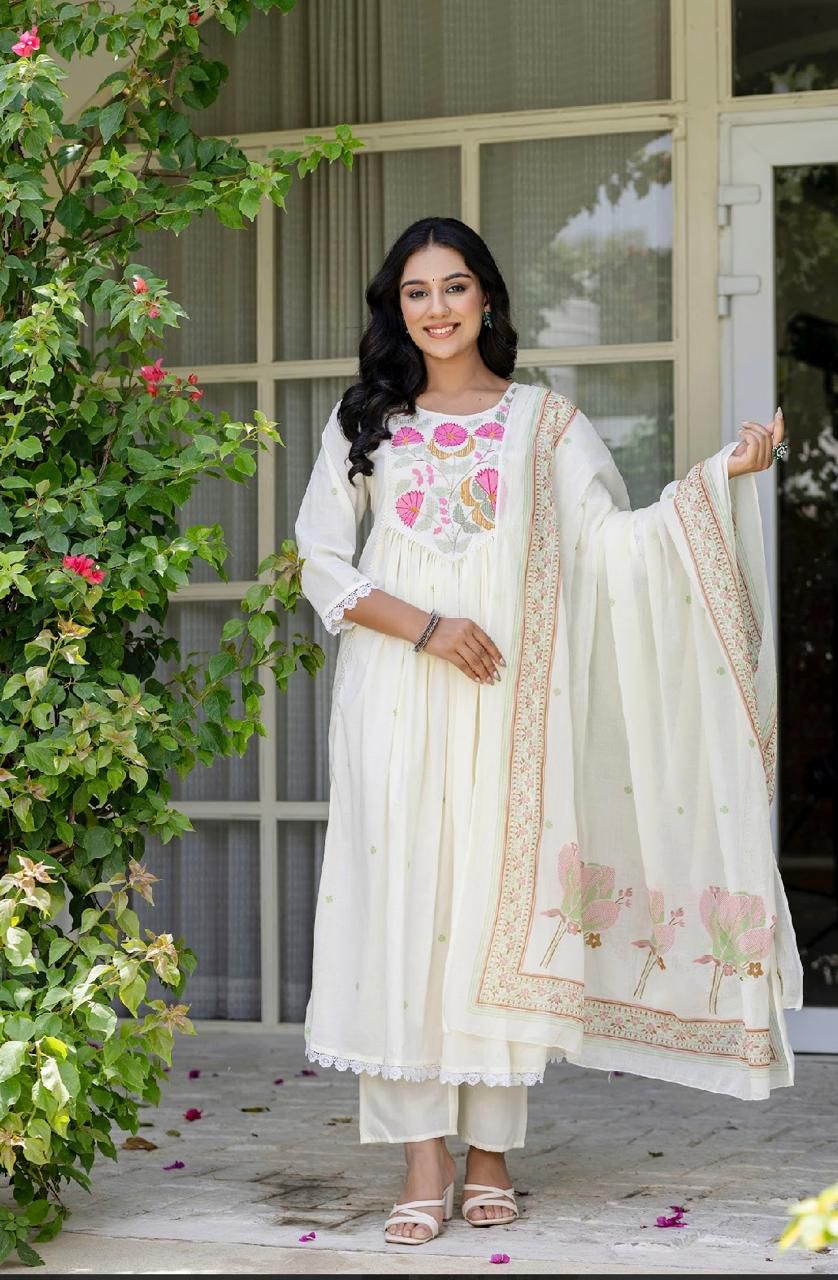 White Embroidered  Anarkali Suit Set