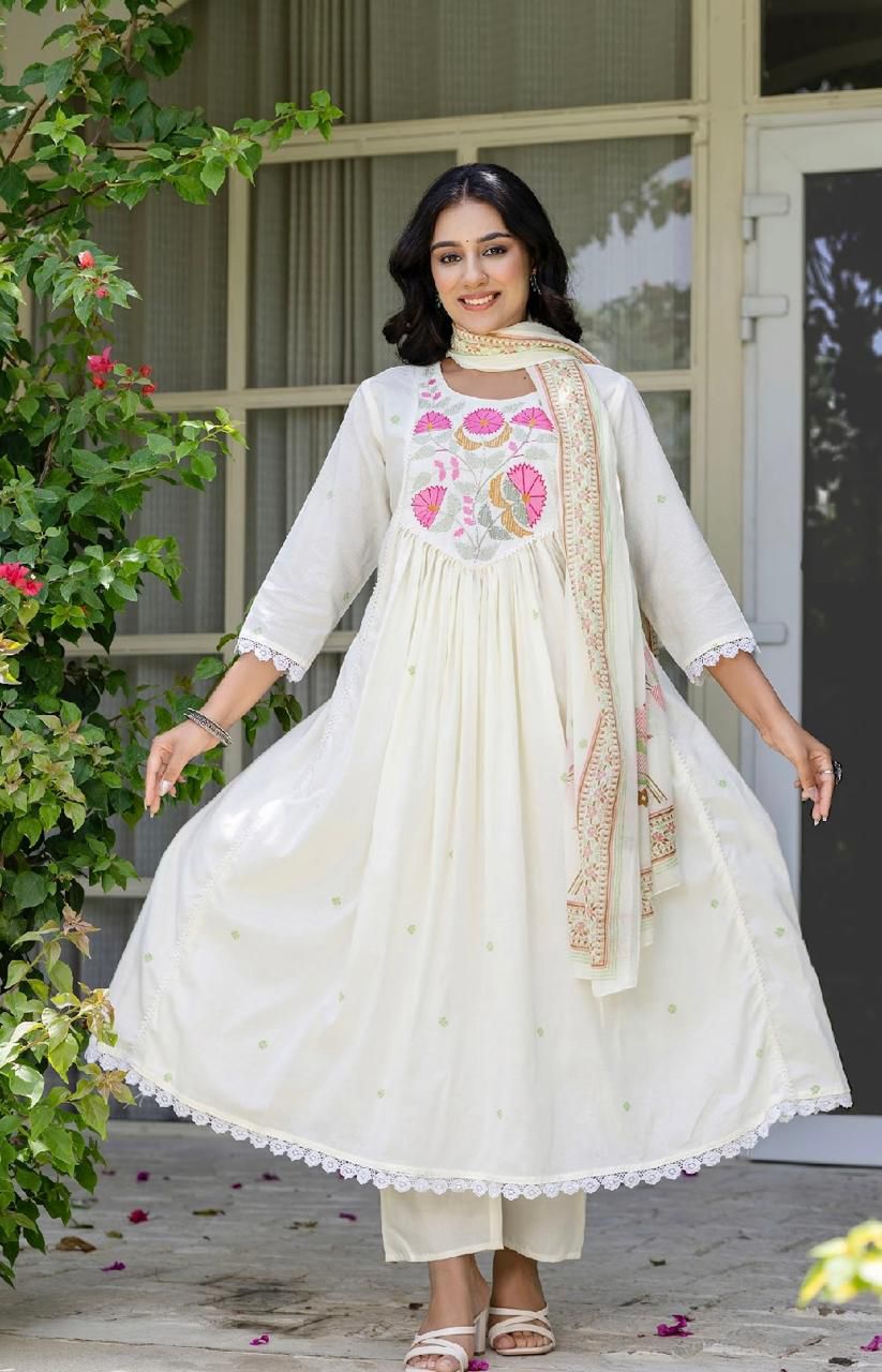 White Embroidered  Anarkali Suit Set