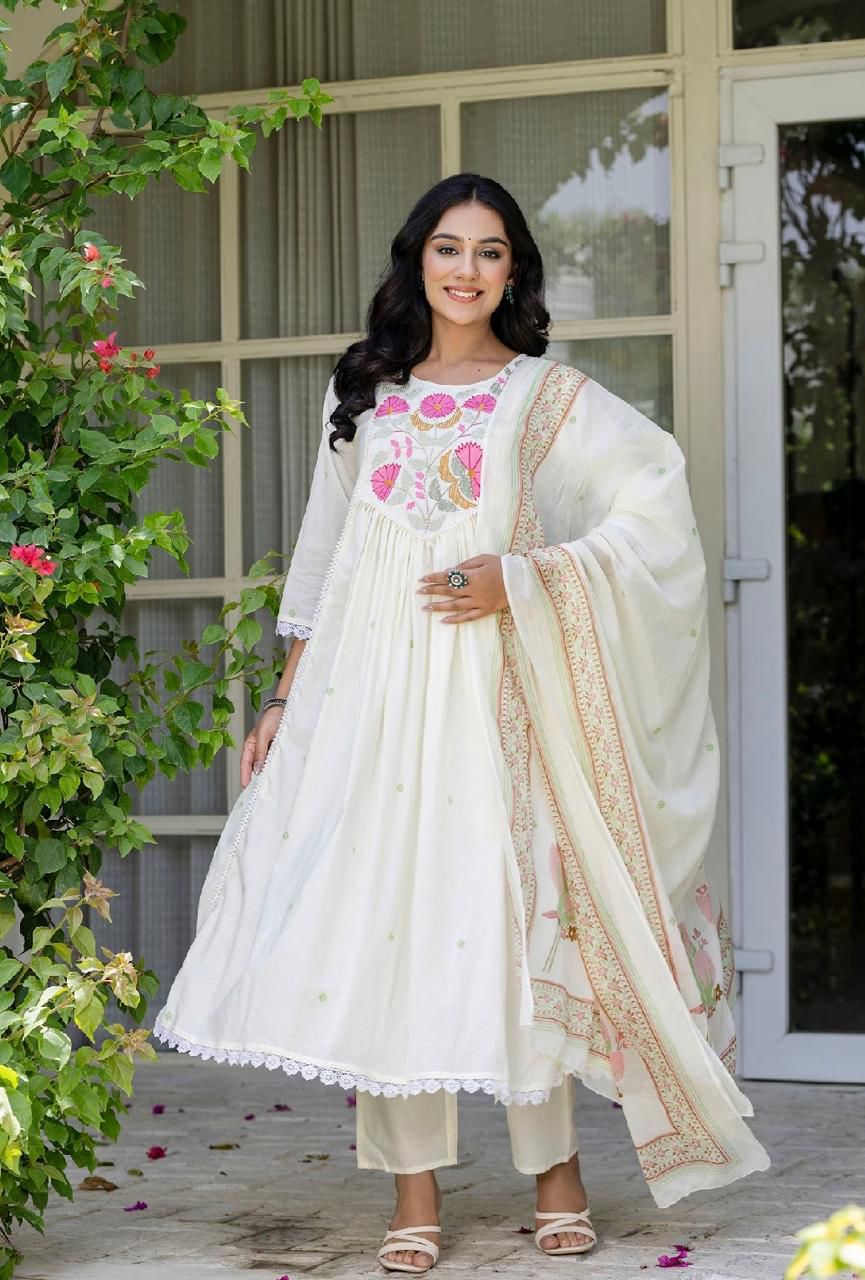 White Embroidered  Anarkali Suit Set