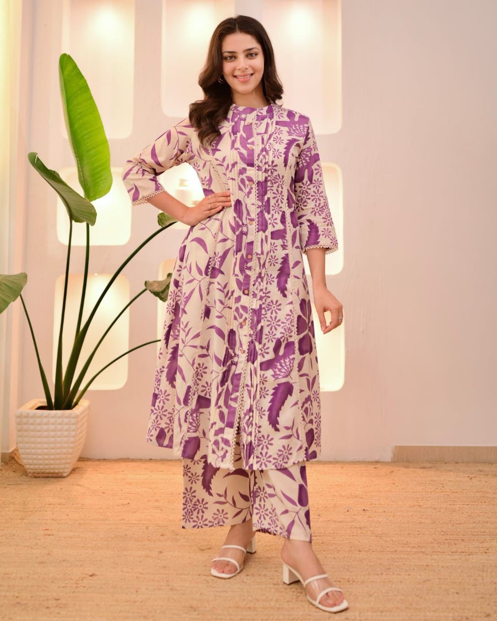 Purple Flora Pantex A Line Cotton Kurta Set