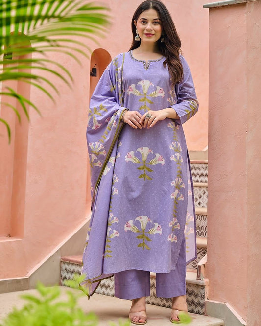 Fashor Purple printed Cotton kurta set