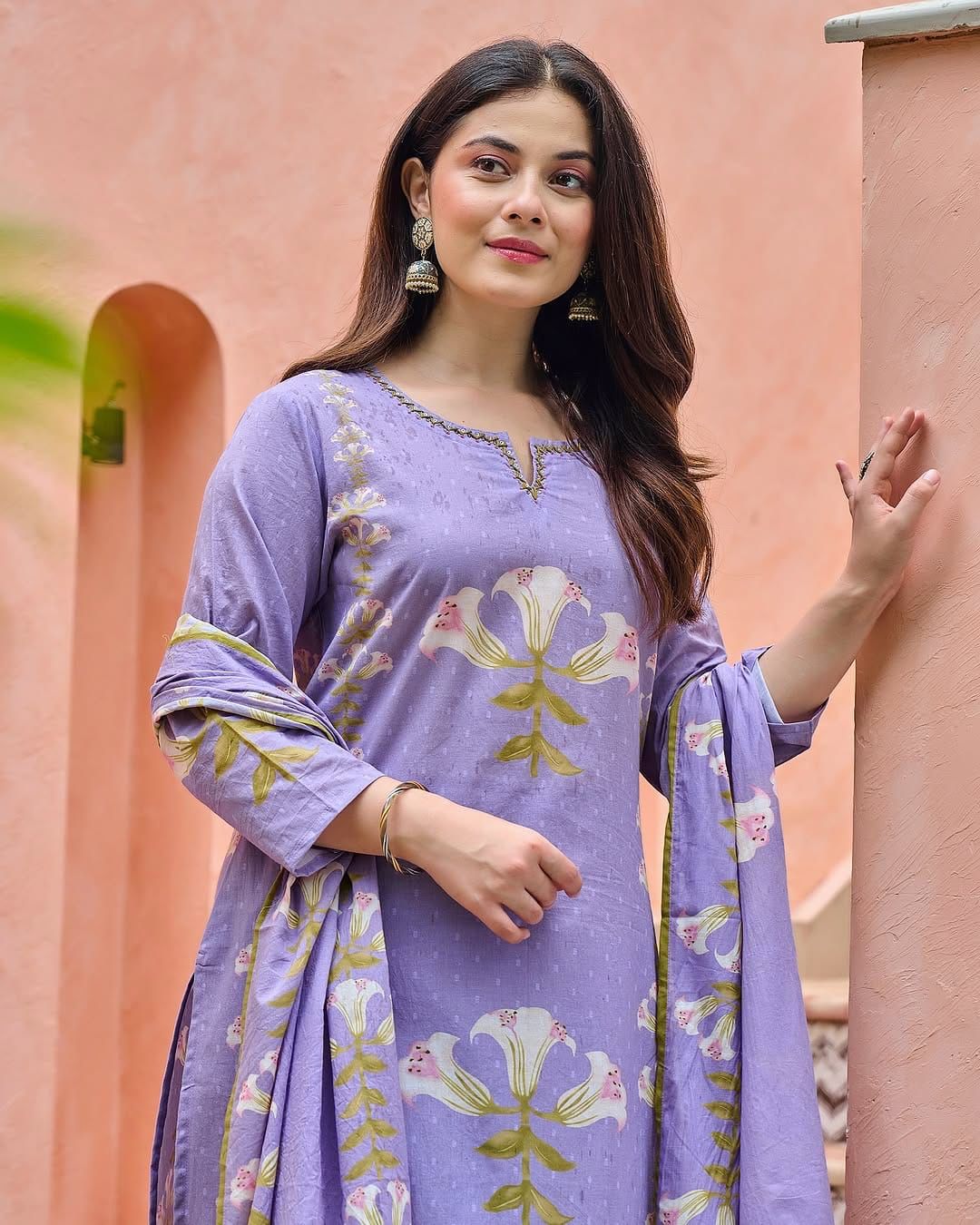 Fashor Purple printed Cotton kurta set
