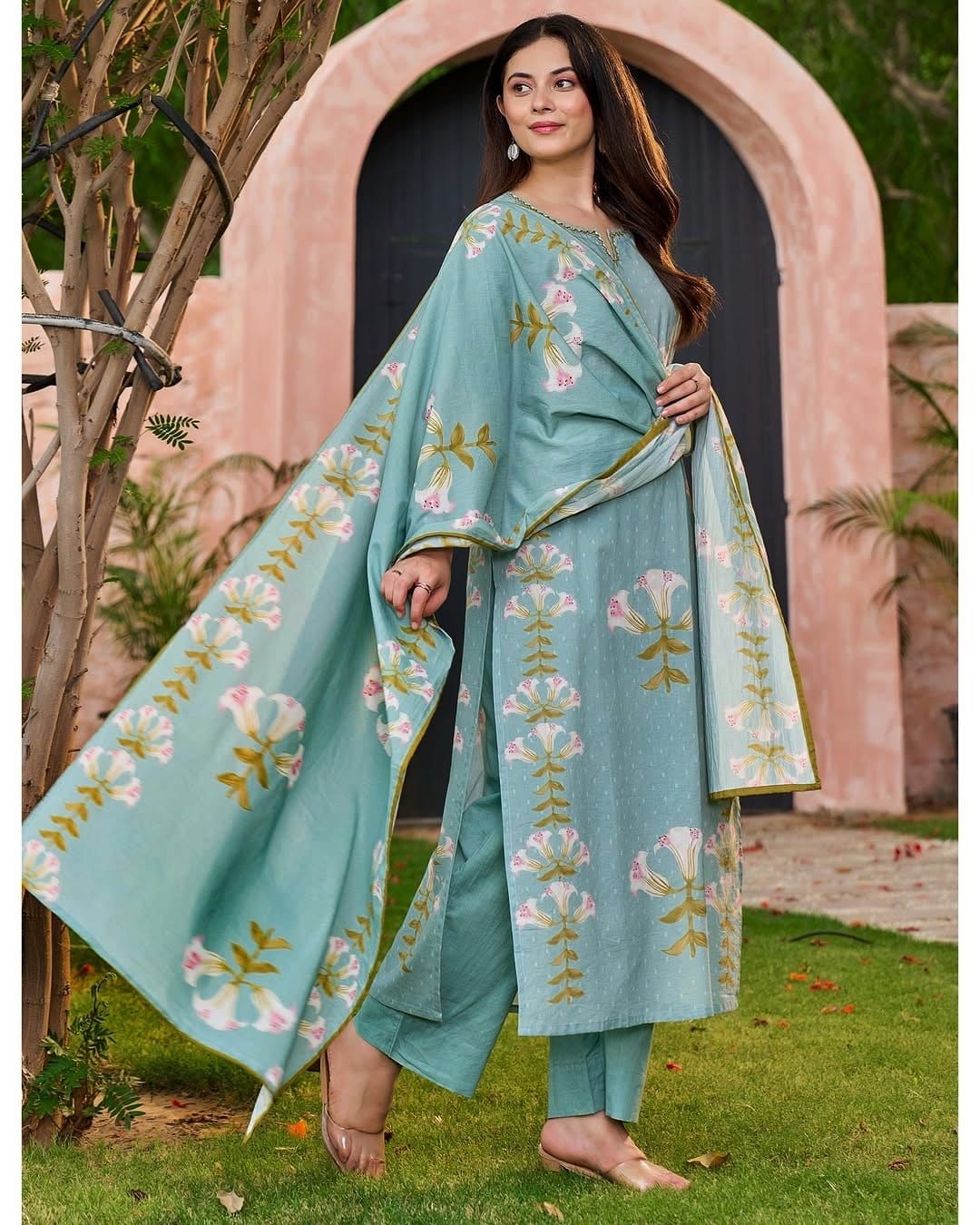 Kapas sky blue printed kurta set