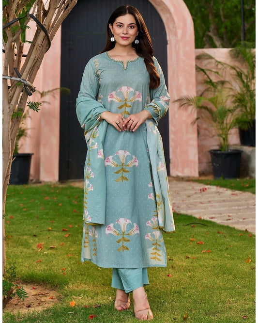 Kapas sky blue printed kurta set