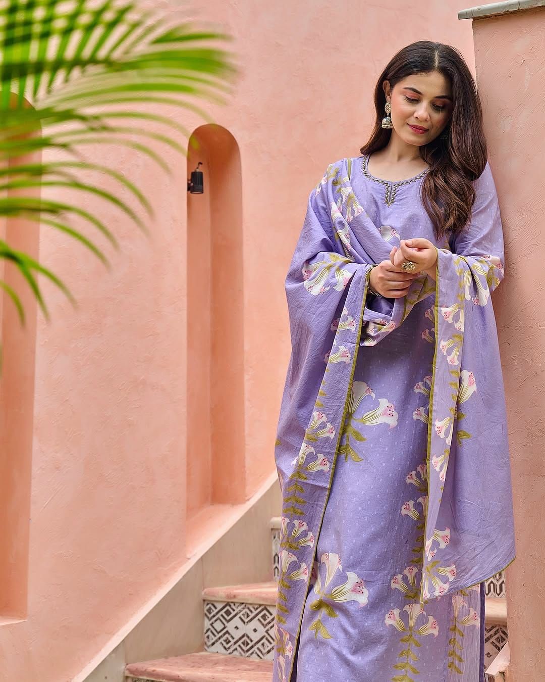 Fashor Purple printed Cotton kurta set