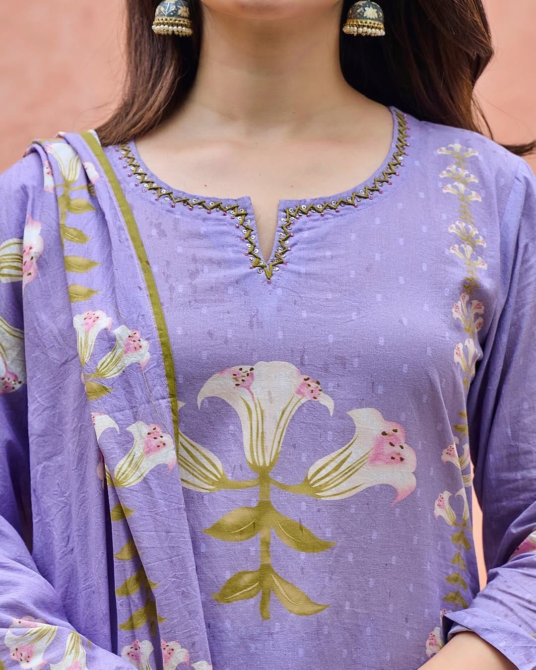 Fashor Purple printed Cotton kurta set