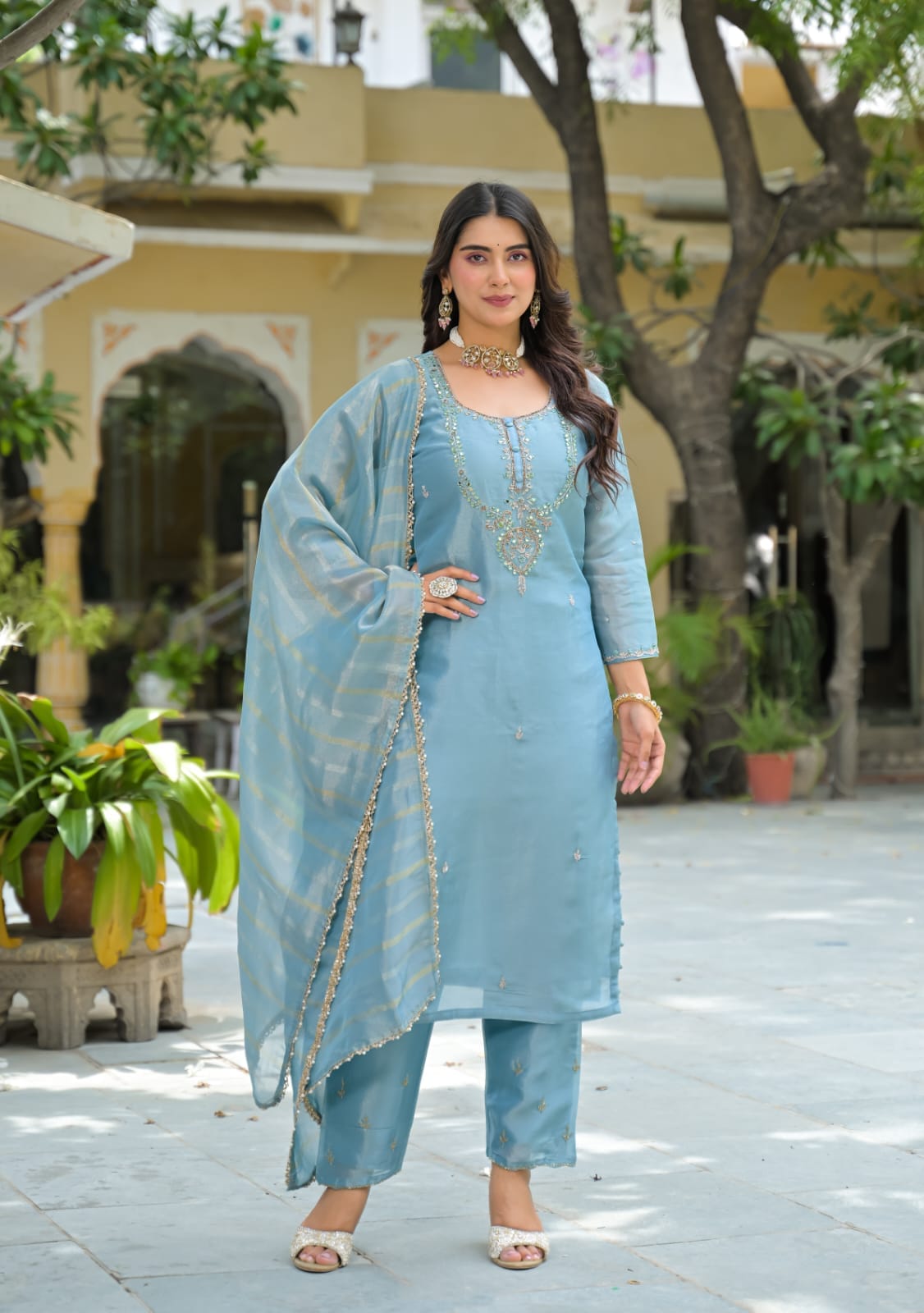 Elegant Sky Embellished Kurta Pant Set