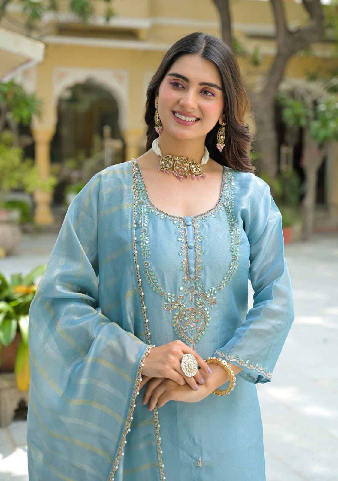 Elegant Sky Embellished Kurta Pant Set