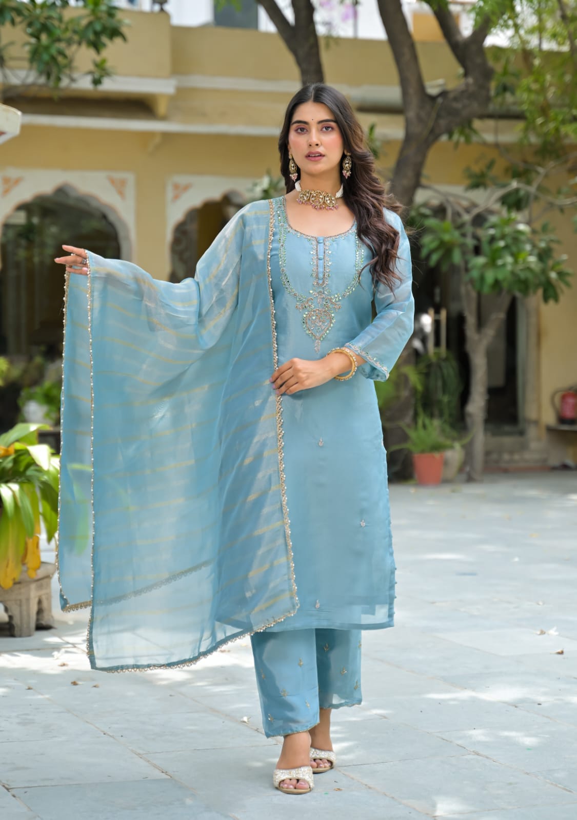 Elegant Sky Embellished Kurta Pant Set