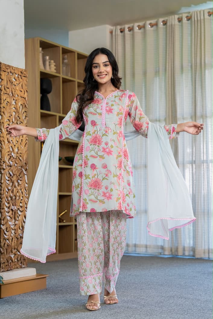 Floral Printed Straight Kurta Set with Printed Pants & Lace Detail Dupatta
