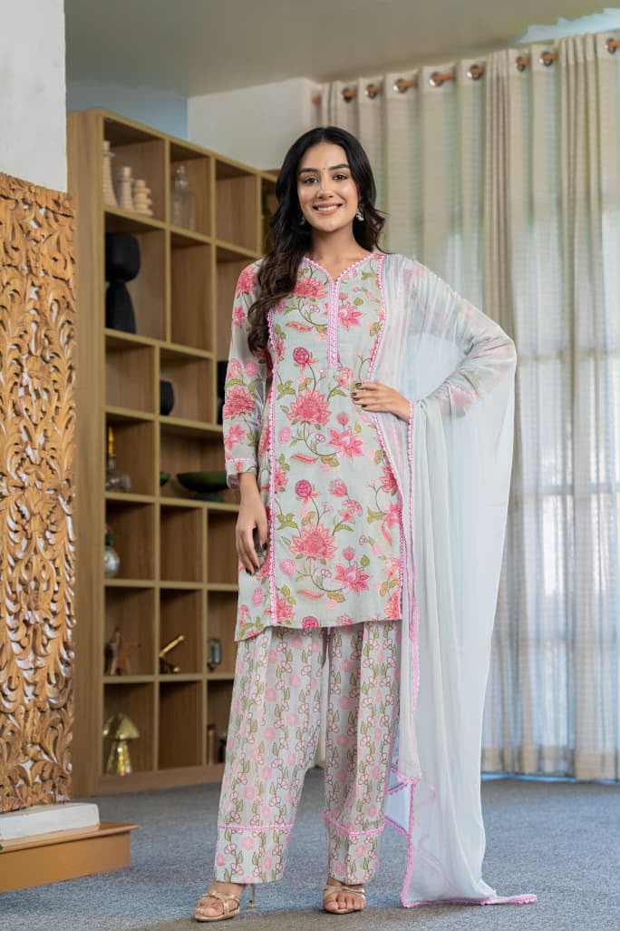 Floral Printed Straight Kurta Set with Printed Pants & Lace Detail Dupatta