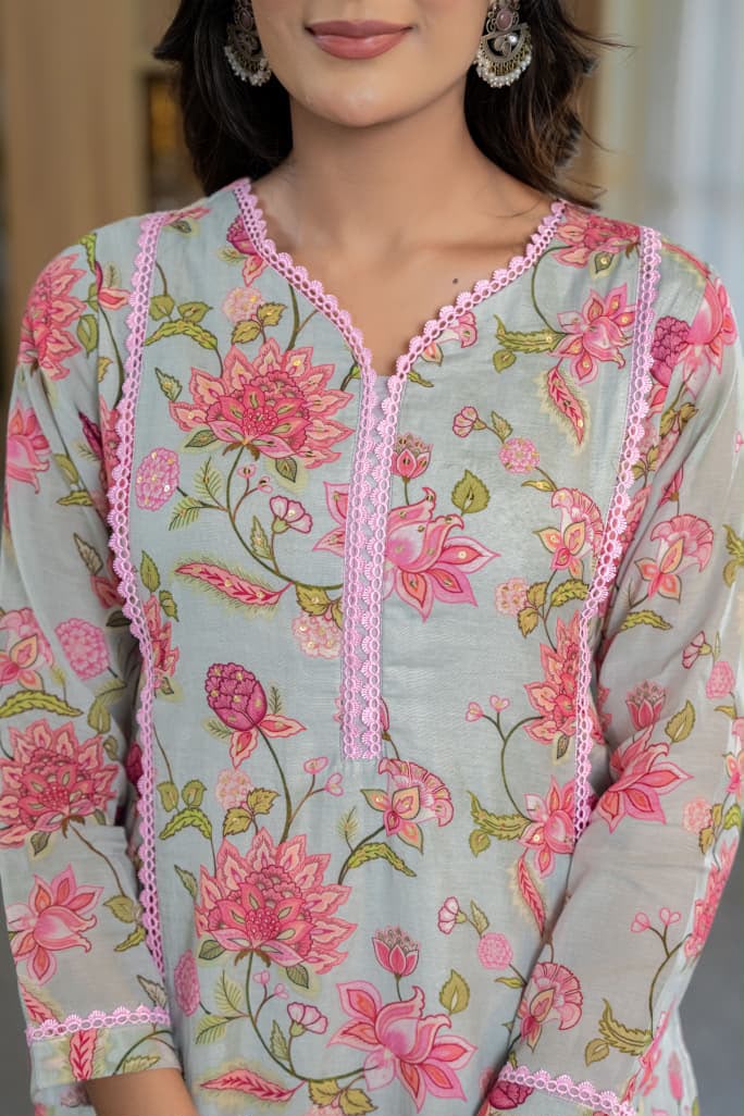 Floral Printed Straight Kurta Set with Printed Pants & Lace Detail Dupatta