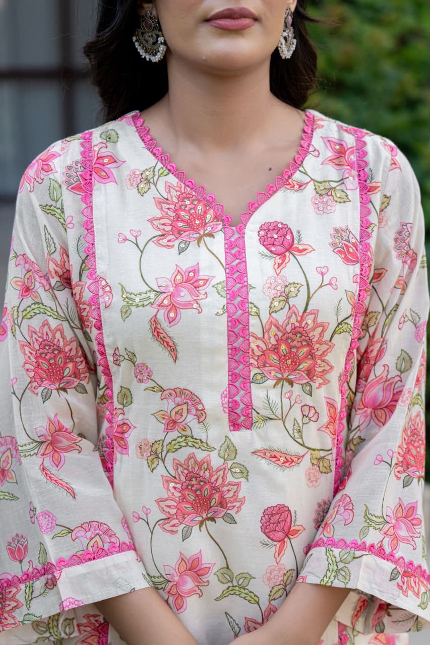 Floral Printed Straight Kurta Set with Printed Pant & Dupatta