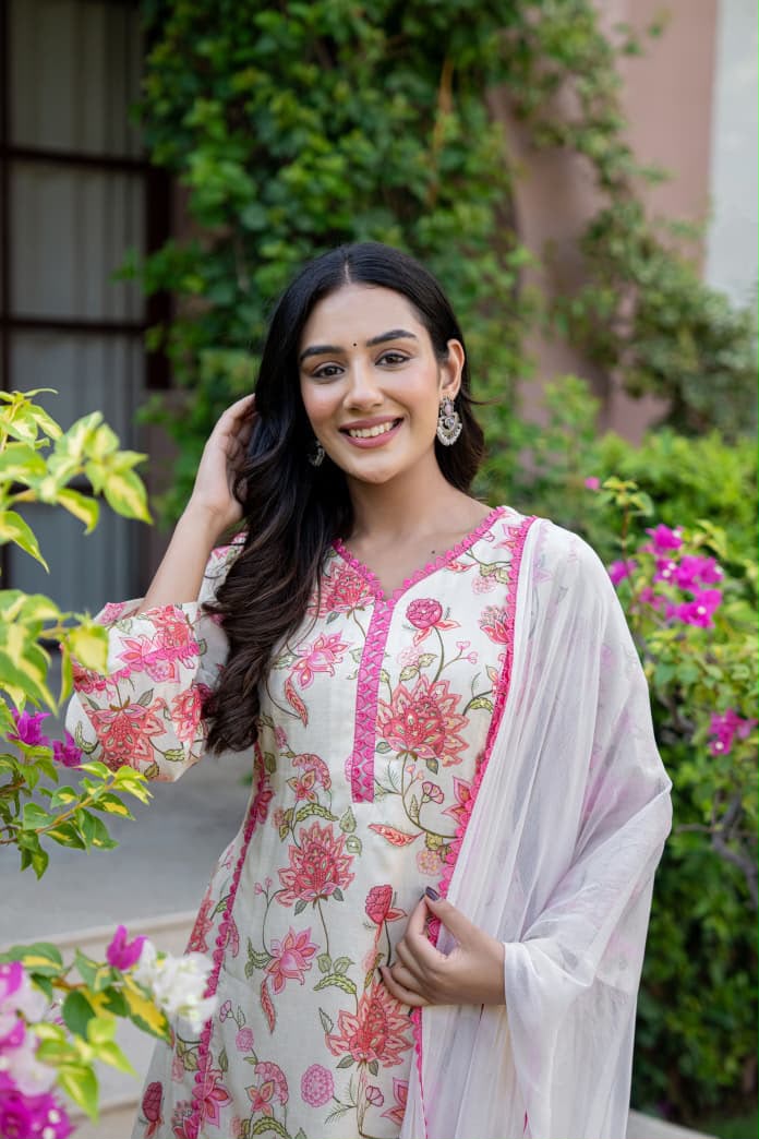 Floral Printed Straight Kurta Set with Printed Pant & Dupatta