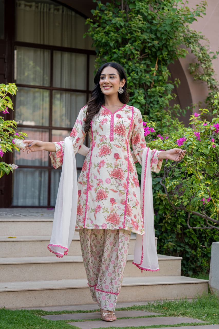 Floral Printed Straight Kurta Set with Printed Pant & Dupatta