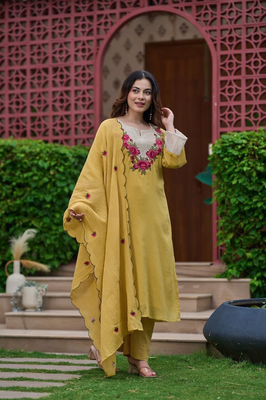 Mustard Yellow Embroidered Kurta Pant Set with Scalloped Dupatta
