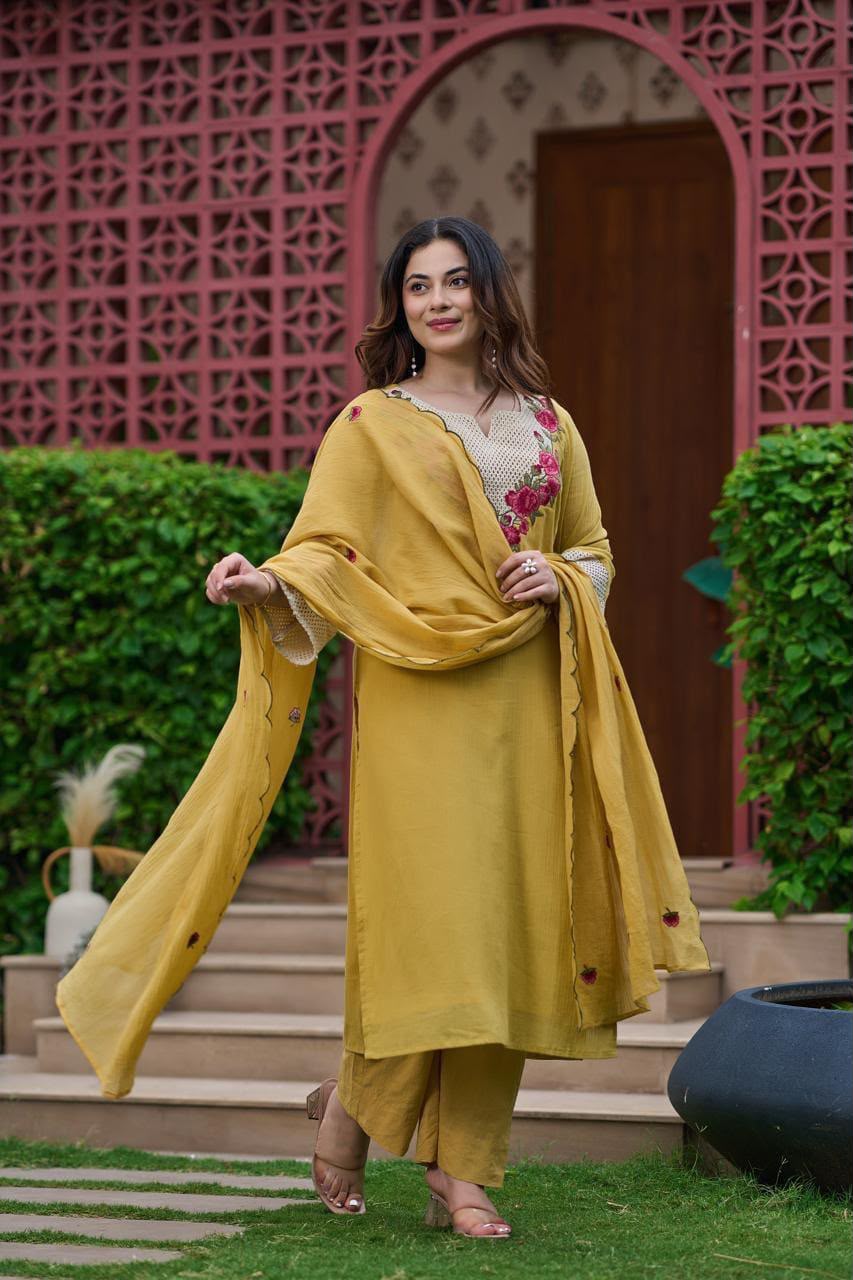 Mustard Yellow Embroidered Kurta Pant Set with Scalloped Dupatta