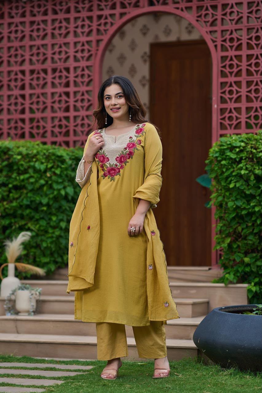 Mustard Yellow Embroidered Kurta Pant Set with Scalloped Dupatta