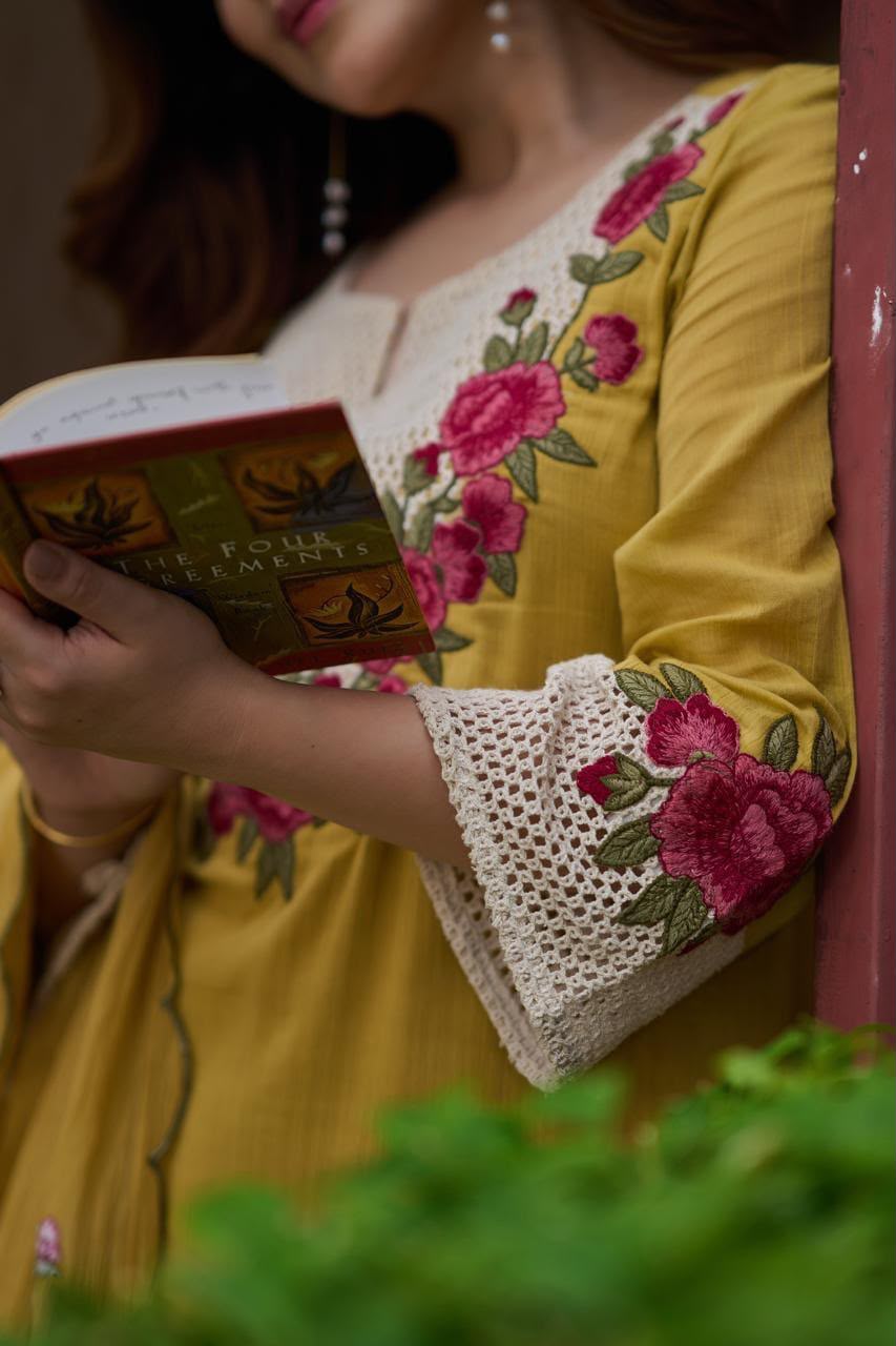 Mustard Yellow Embroidered Kurta Pant Set with Scalloped Dupatta