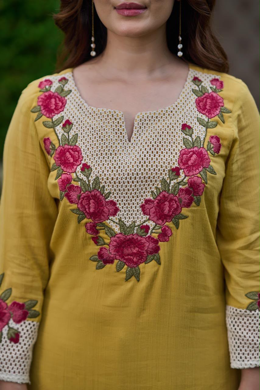Mustard Yellow Embroidered Kurta Pant Set with Scalloped Dupatta