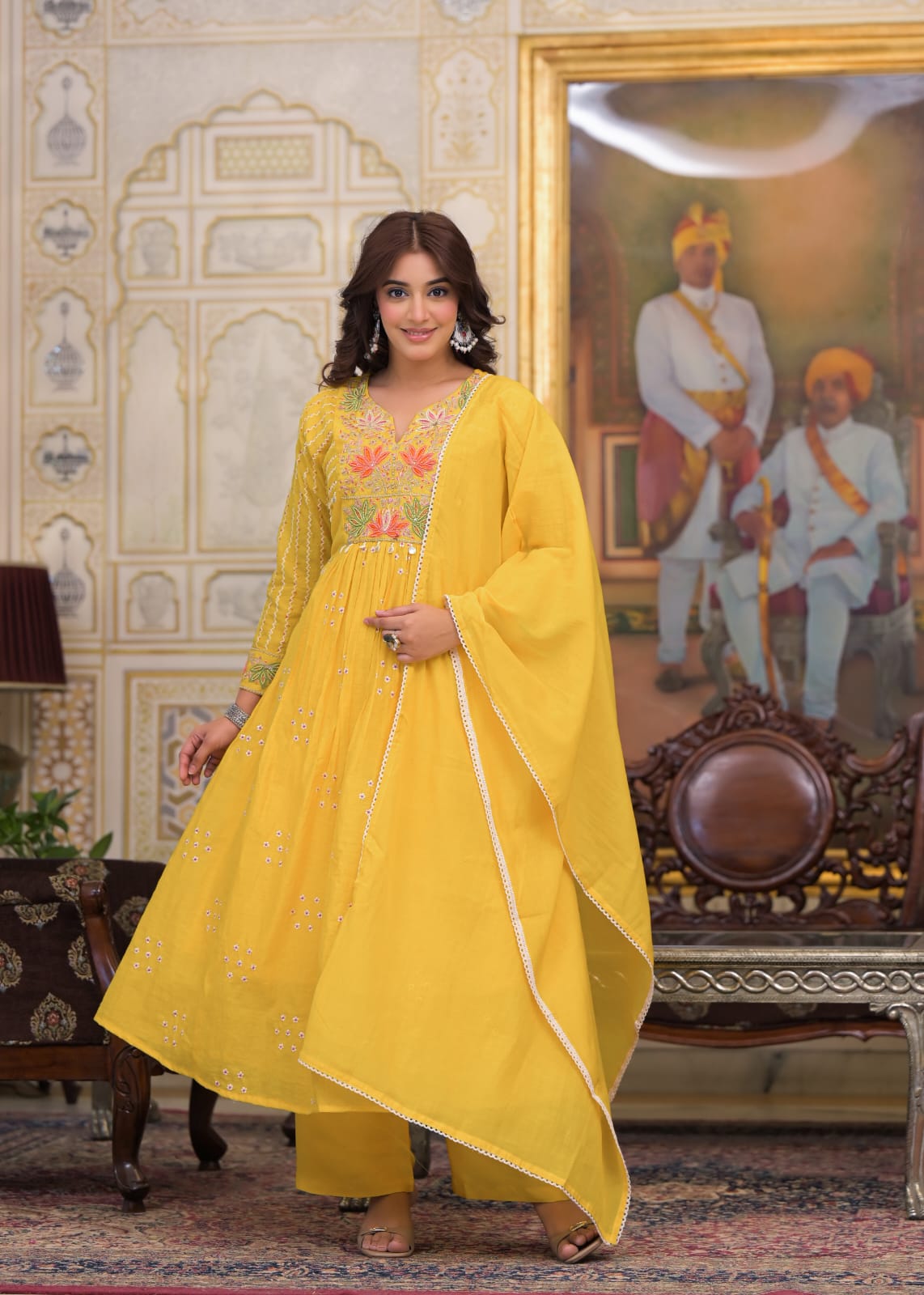 Mustard Yellow Floral Embroidered Anarkali Kurta Set