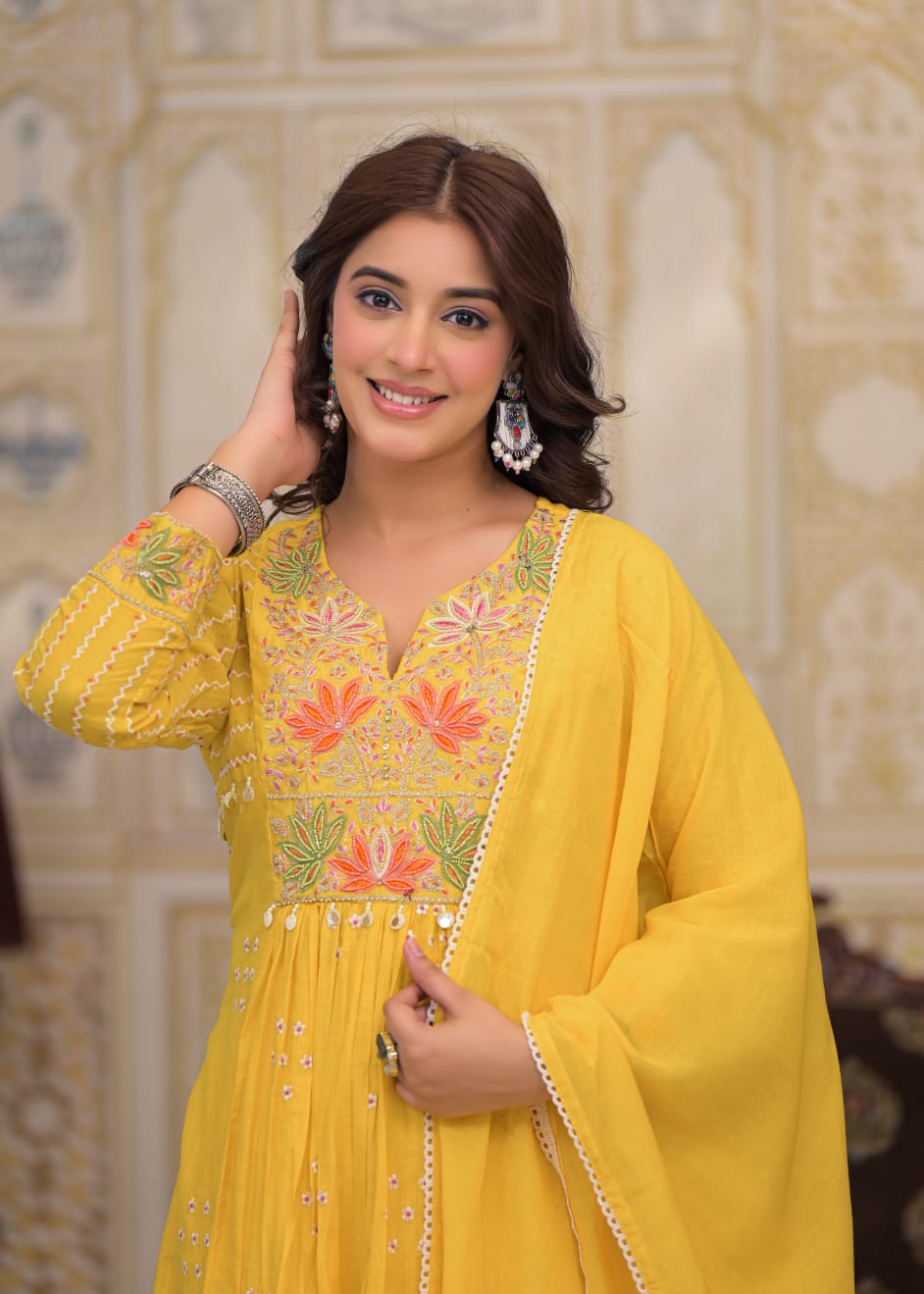 Mustard Yellow Floral Embroidered Anarkali Kurta Set