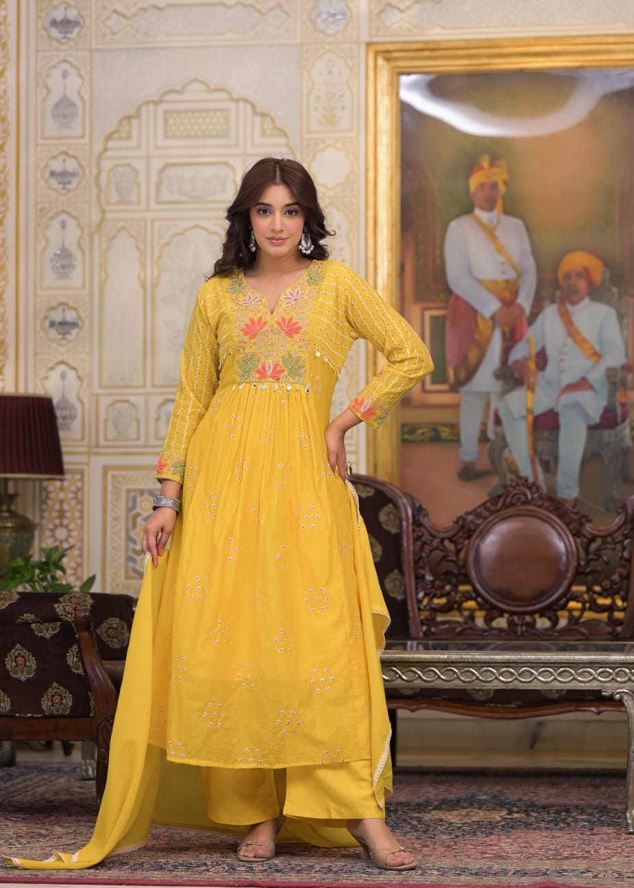 Mustard Yellow Floral Embroidered Anarkali Kurta Set