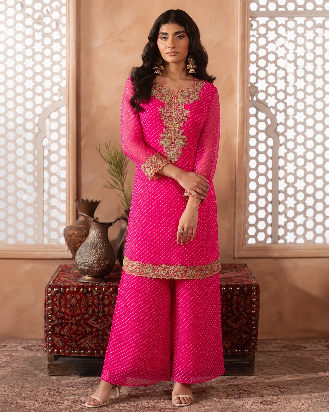 Rani Pink Bandhani Anarkali Kurta Set with Traditional Gota Work