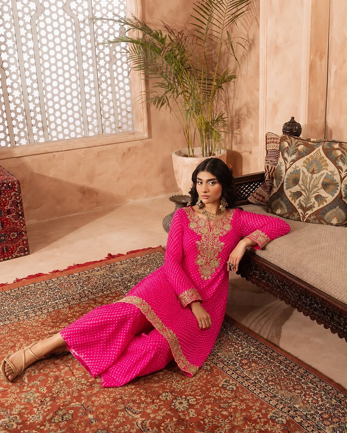 Rani Pink Bandhani Anarkali Kurta Set with Traditional Gota Work