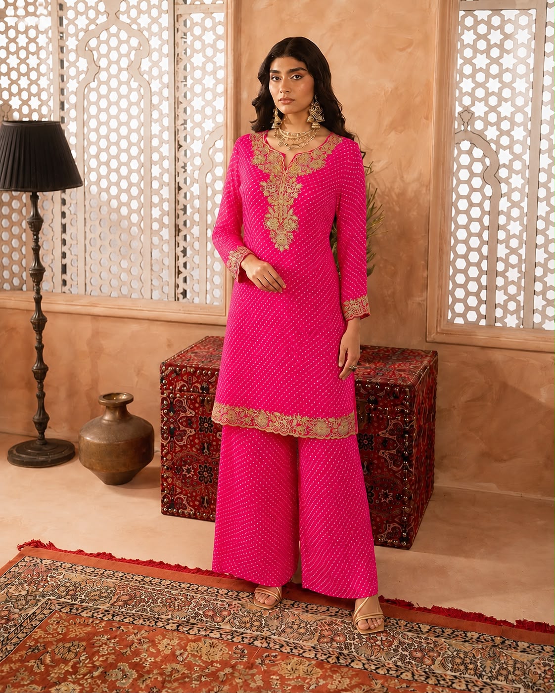 Rani Pink Bandhani Anarkali Kurta Set with Traditional Gota Work