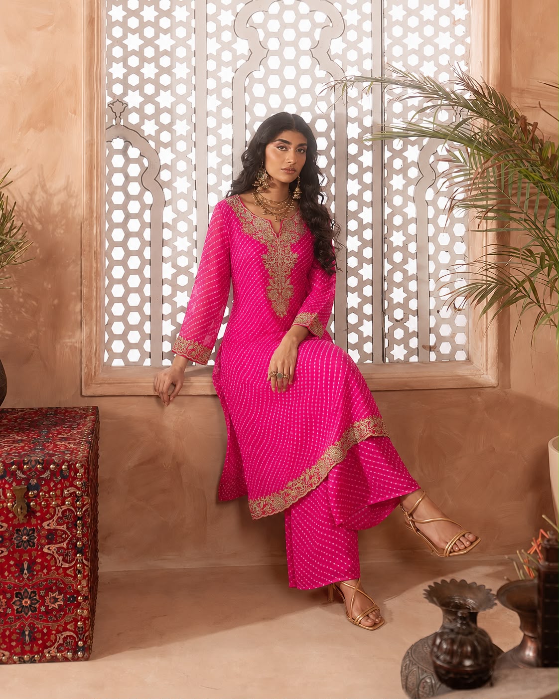 Rani Pink Bandhani Anarkali Kurta Set with Traditional Gota Work