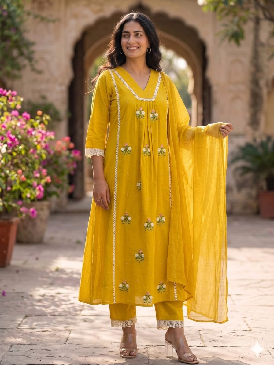 Daisy Bloom Yellow Embroidered Cotton Suit Set