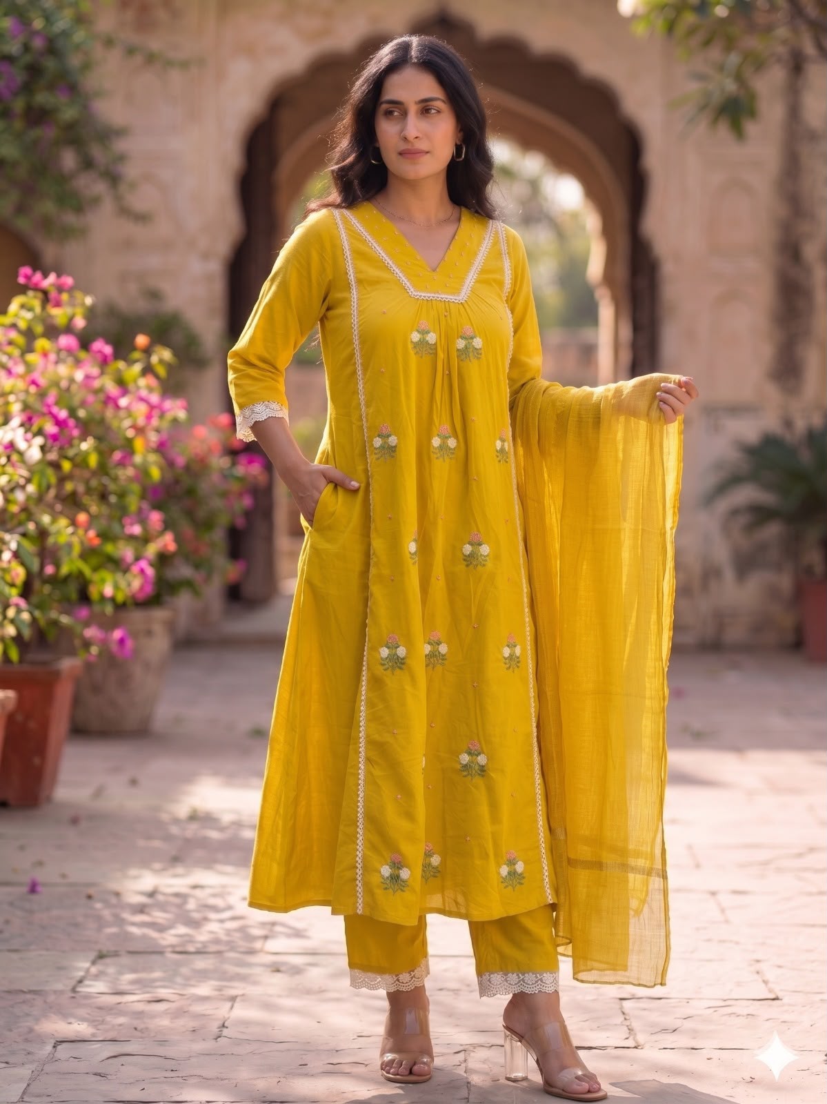 Daisy Bloom Yellow Embroidered Cotton Suit Set