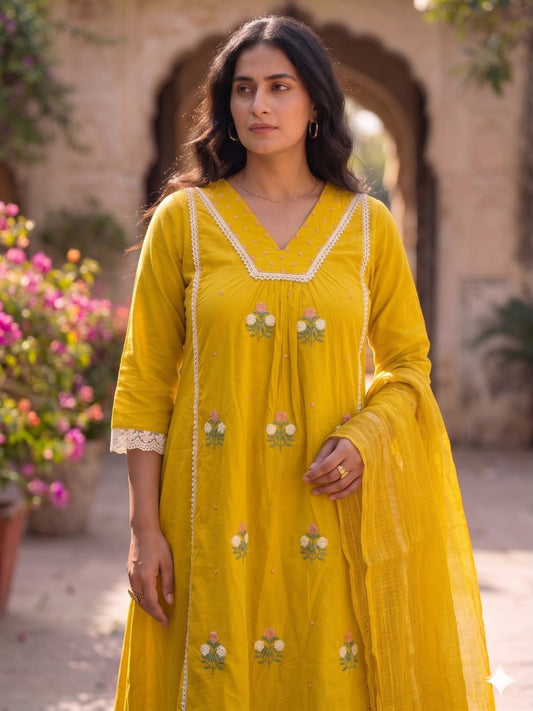 Daisy Bloom Yellow Embroidered Cotton Suit Set