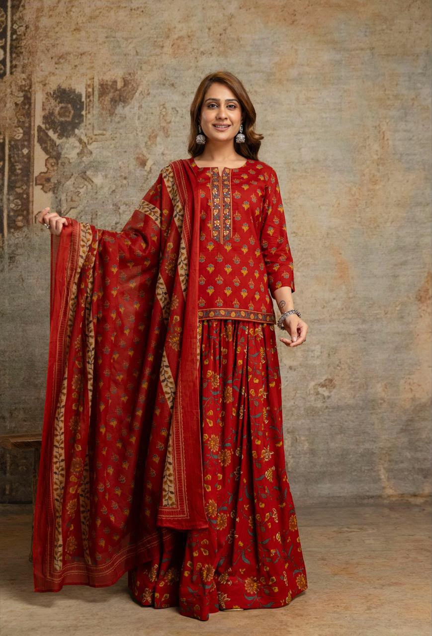 Gulnaar Red Printed Kurta with Farshi Palazzo & Dupatta